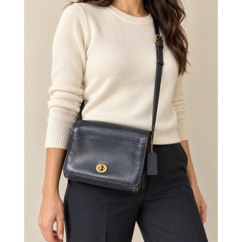 Coach Vintage Navy Leather Crossbody Bag Turnlock Flap Shoulder Bag